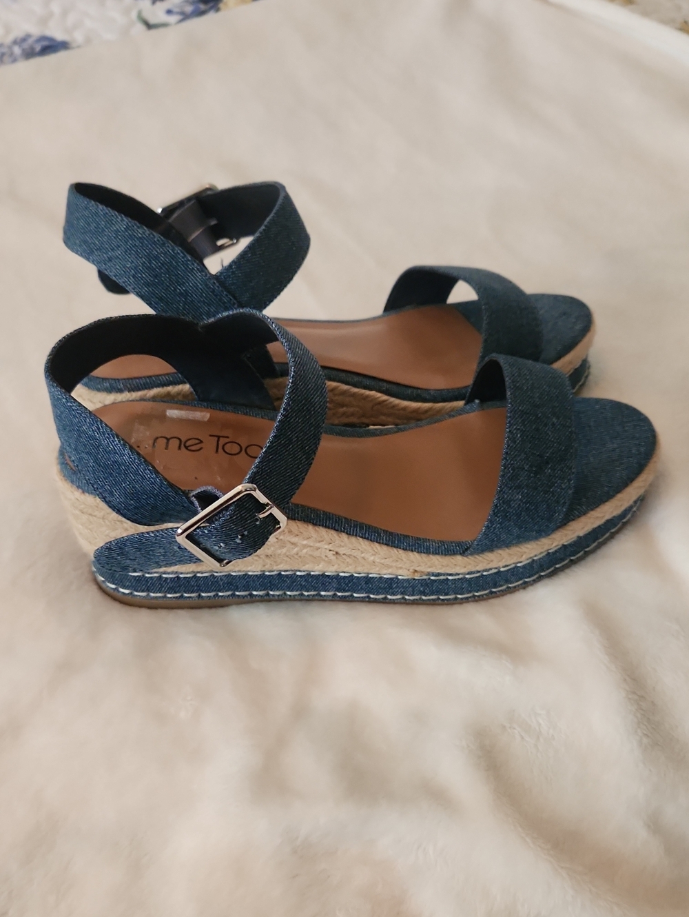me too Denim Blue Espadrille Wedge Sandals with Ankle Strap